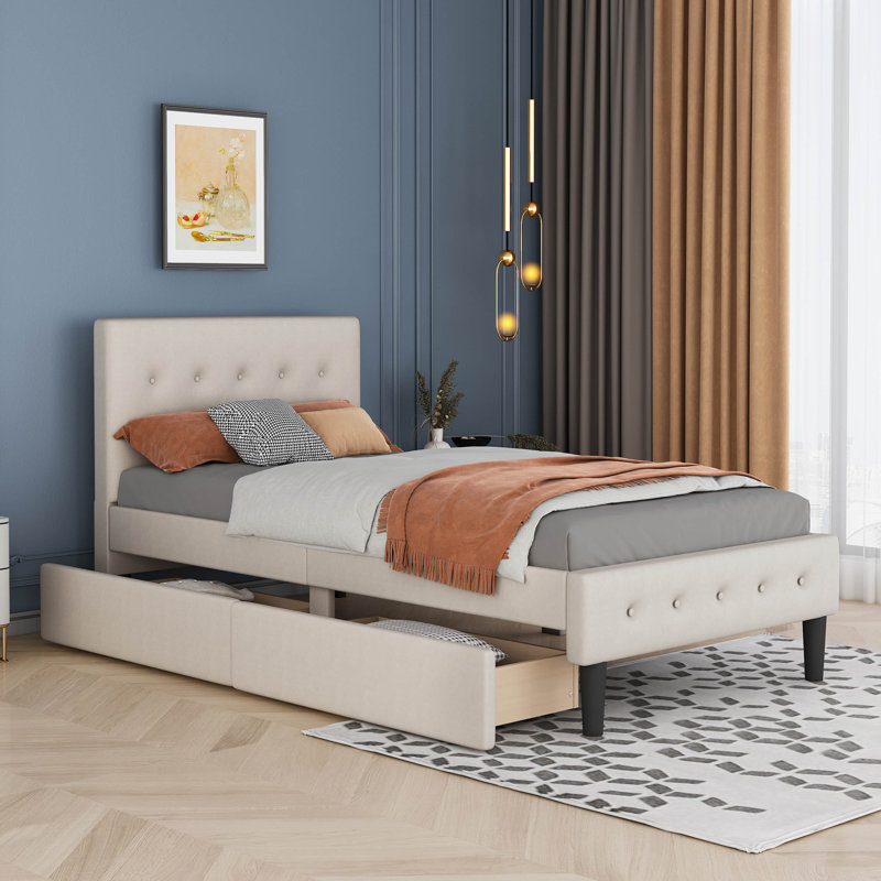 Lit plateforme tapissier simple capitonné Buchman, Beige