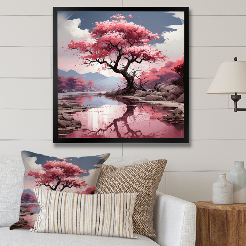 Cerisier rose en fleurs dans la rivière I - Art mural cerisier en fleurs, Noir, H 30 po x l 30 po