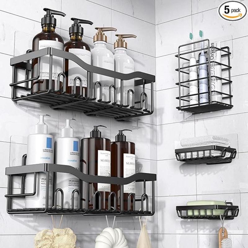 Serviteur de douche adhésif, paquet de 5 organisateurs de bain en acier inoxydable antirouille avec grande capacité, sans tablettes de perçage pour le rangement de la salle de bain et la décoration intérieure