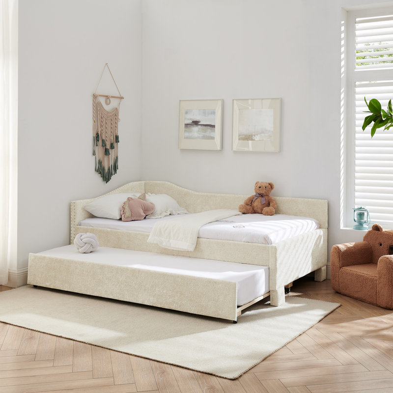 Lit de jour rond simple à garniture cloutée simple avec lit escamotable et port USB, Twin, Beige