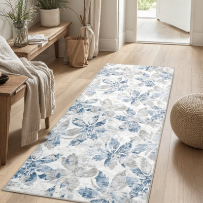 Home Decor Luxury Non-Slip Rubber Backing Safety Soft Runner Area Carpet Floor Area Rug Indoor Interior Accent Decorative Mat, Blue Grey Floral Design, 26 x 60 Inch
