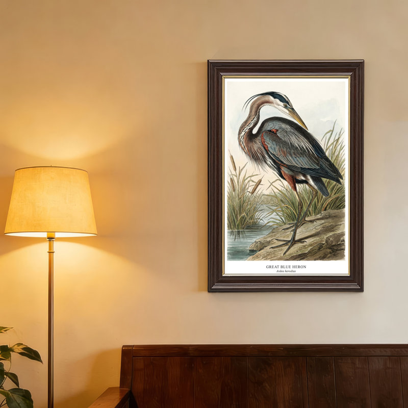 Art mural antique sur toile encadré doré pour le salon, la chambre à coucher, le bureau ou le vestibule - Décoration murale décorative avec grand héron bleu