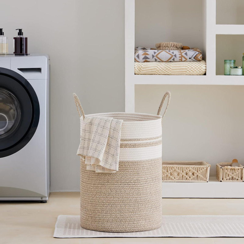 Tall Woven Cotton Rope Laundry Basket Storage Basket, 22" H x 16" W x 16" D, White/Grey/Black