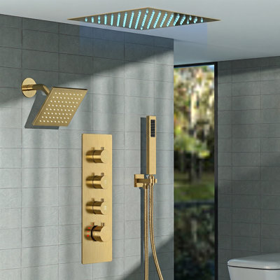 Système de pomme de douche thermostatique double, robinet de pluie à DEL 12 po avec pomme de douche à fixation au plafond et douchette de 6 po