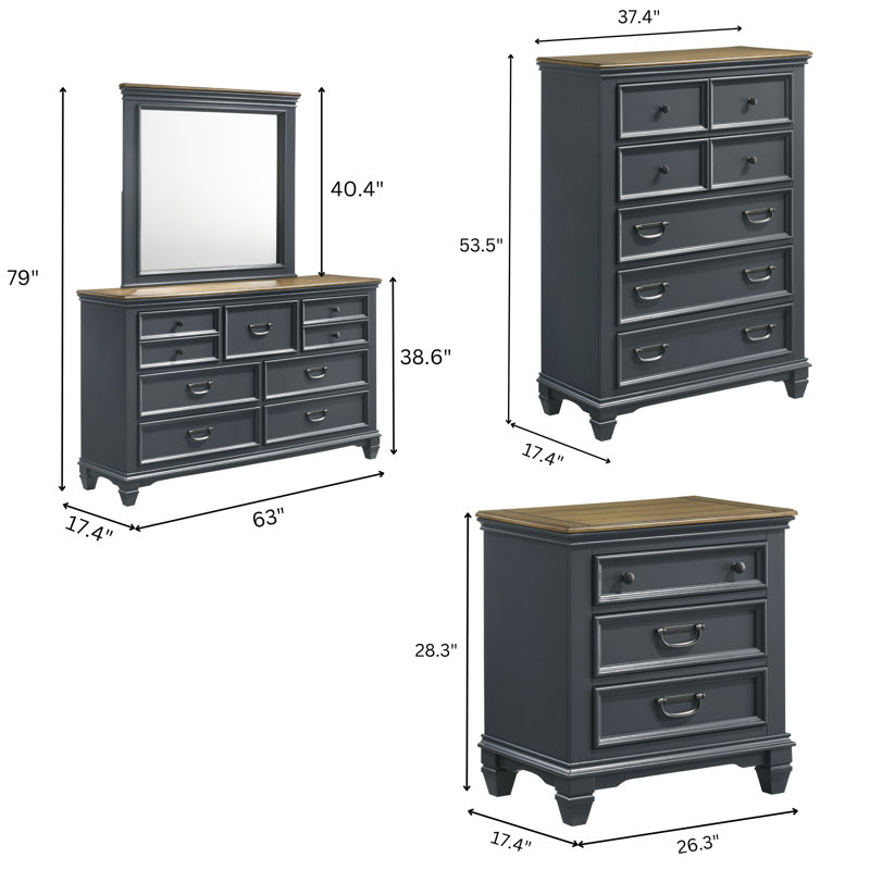 Ensemble de chambre à coucher en bois Semaj avec panneau Shiplap, Bleu, Grand