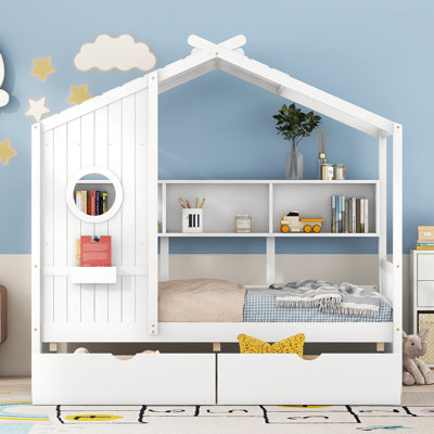 Wooden House Bed with 2 Drawers,Kids Bed with Storage Shelf