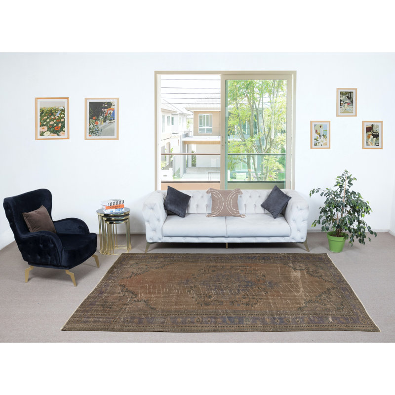 Tapis contemporain noué à la main 6,3 x 9,6 pi. Revêtement de sol brun de couleur brune