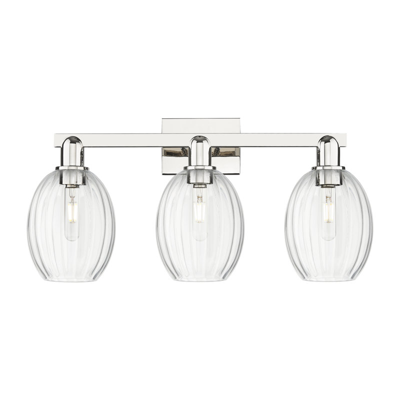 Eldon - Éclairage pour meuble-lavabo de salle de bain 3 lumières 26 "à abat-jour cloche, Clair, Nickel poli