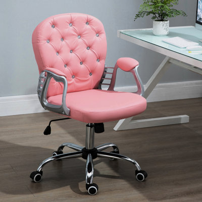 Fauteuil de bureau en cuir Pu rose à motif de boutons, rembourré, réglable en hauteur et pivotant pour un bureau de travail confortable de style rosé, fonction inclinable pour un espace de travail relaxant