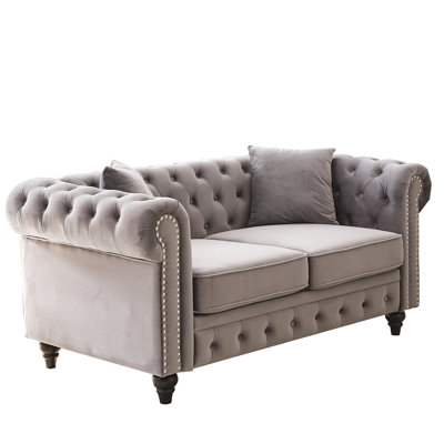 63.5" Chic Style Velvet , Buttoned With Nail Design On Arms, 2 Pillows, Spring - Packed Seat Cushions, Pine Wood Frame For Living Room Grey Modern But