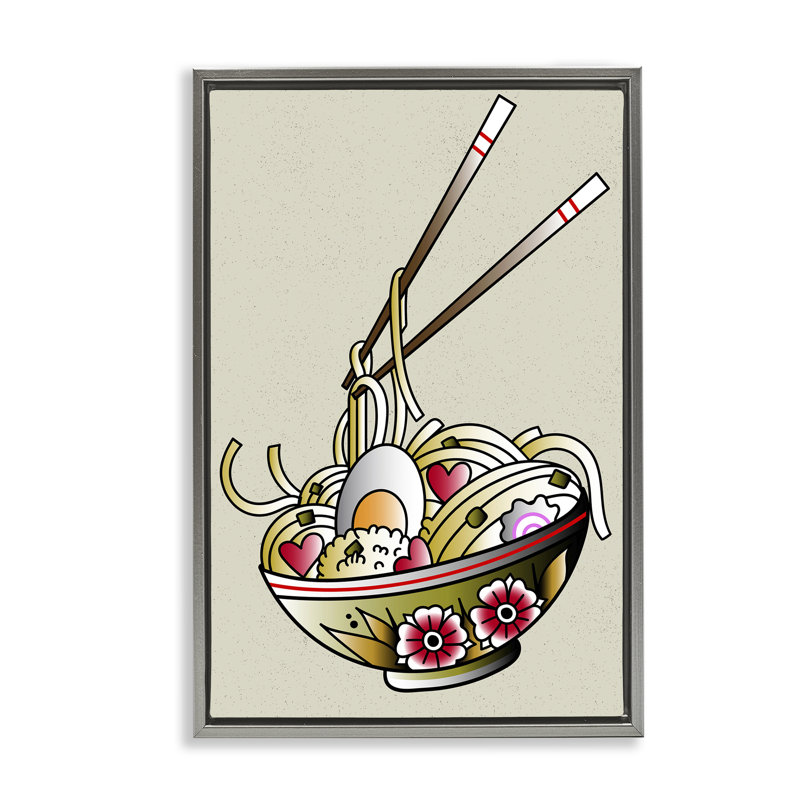  Toile flottante encadrée de style tatoo Ramen par Incado, H 31 po x l 21 po, Cadre flottant gris lustré