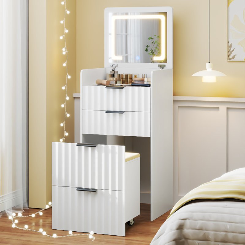 3-in-1 Dressing Table with Illuminated Mirror, Elegant White