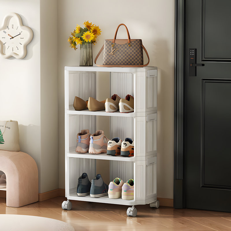 Cream-Coloured Plastic Shoe Rack With 8 Shelves, Movable Storage Cabinet For Home And Dorm