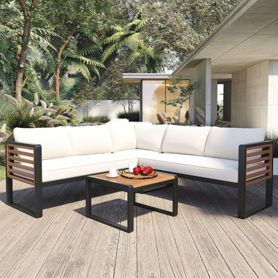 Ensemble de conversation 4 pièces pour patio, canapé modulaire en L et structure en bois avec coussin moelleux et tables basses