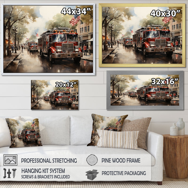Fire Truck II - Fireman, art mural sur toile, H 34 po x l 44 po x P 1,5 po, Cadre doré à une seule photo