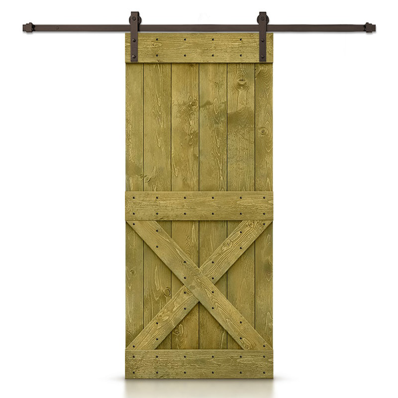 Porte de grange à panneaux et en bois avec quincaillerie d'installation, 24 po x 84 po, Vert jungle, Noir mat