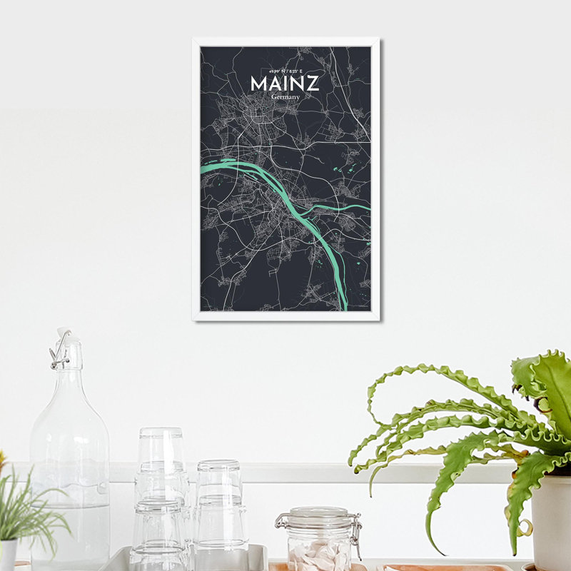 Mainz, carte de la ville, impression, Vert/gris, H 17 po x l 11 po