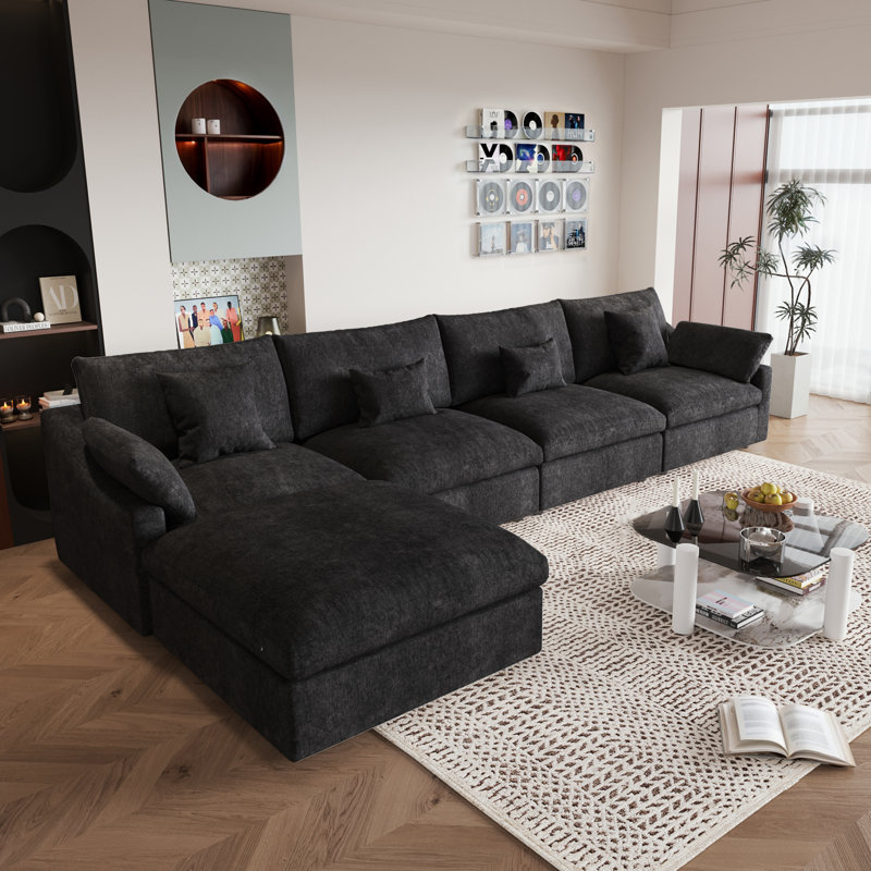 Canapé modulaire rembourré avec repose-pieds, H 29,53 po x l 155,9 po x P 77,95 po, Gris anthracite foncé
