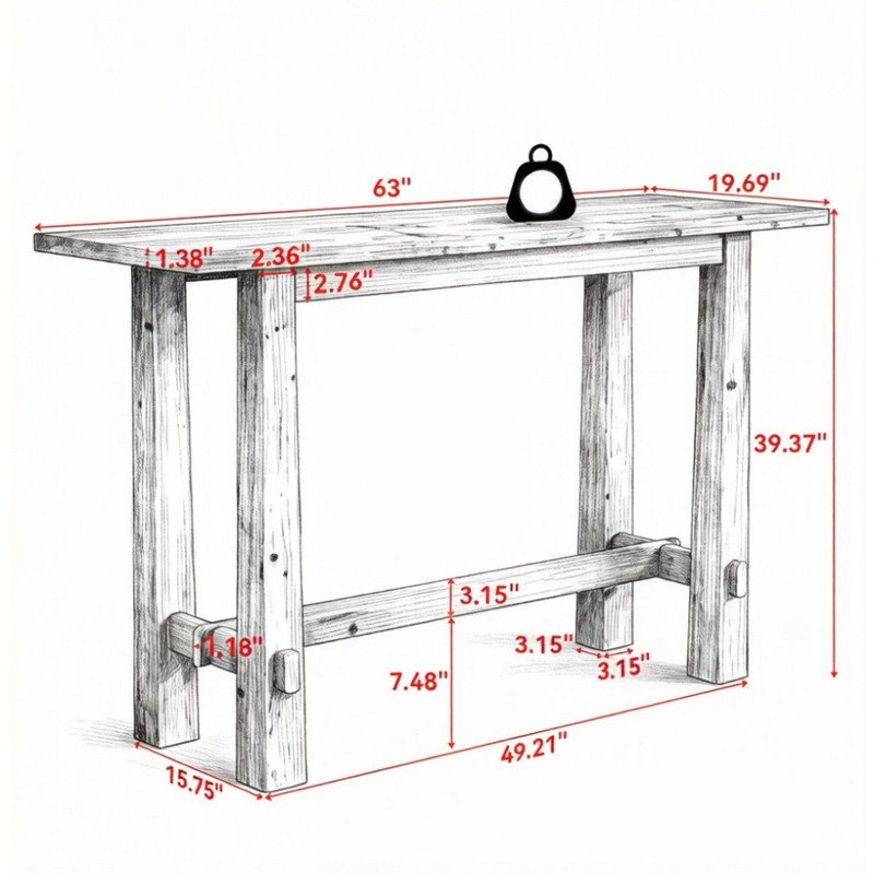 Console 63 po Rustic Farmhouse, table d'appoint longue et étroite avec pieds épais pour le hall d'entrée et le salon