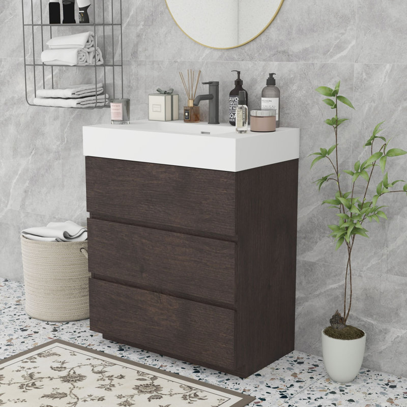 Meuble-lavabo moderne autoportant, Noyer, Blanc