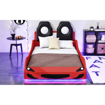 Twin Race Car-Shaped Platform Bed With Led Night And Cushioned , Red Size Car Lighting Padded Comfortable,