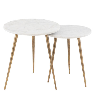 Set  Of 2 White Marble Top Side Table W/Aluminum Legs