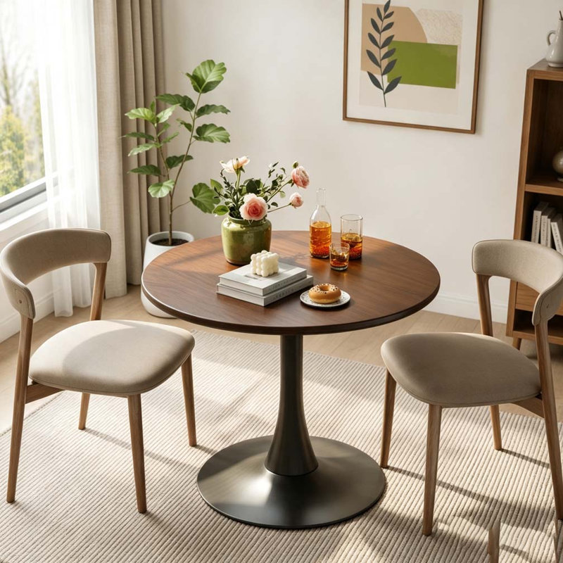 Modern Round Dining Table, Walnut