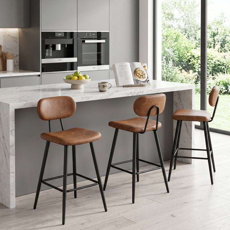 26.75" Leather Counter & Bar Stool with Large Seat and Back, Brown