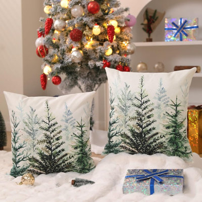 Couvre-oreiller de Noël 18 x 18 pouces, ensemble de 2 coussins décoratifs aquarelle bleu vert, arbre, arbre de Noël, forêt, forêt
