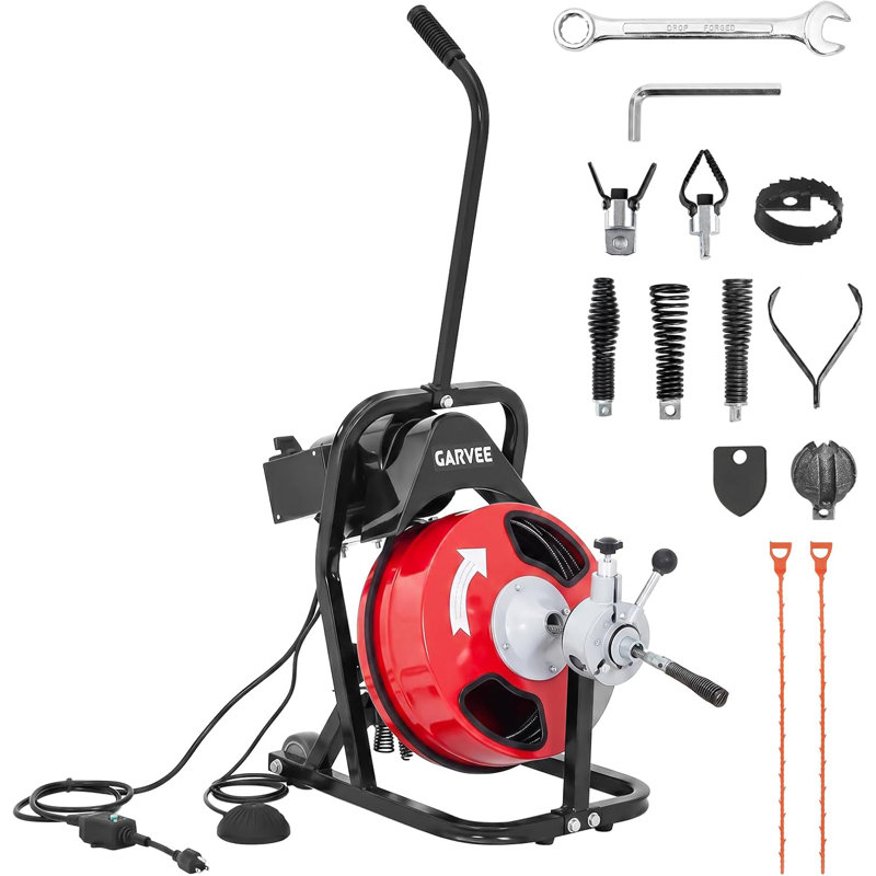 75FT 3/8" Drain Cleaner Machine – 250W Auto Feed Sewer Snake Auger with 4 Cutters & Foot Switch – Semi-Enclosed Drum Electric Drain Cleaner for 2" to 4" Pipes, Home & Commercial Use