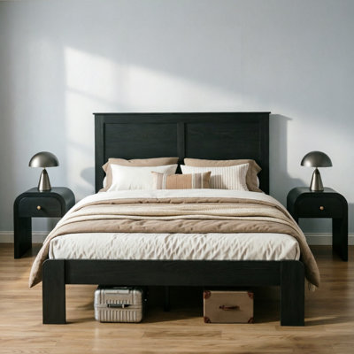 Ensemble de chambre à coucher de style campagne antique 3 pièces, 1 grand lit plateforme en bois et 2 tables de chevet courbées