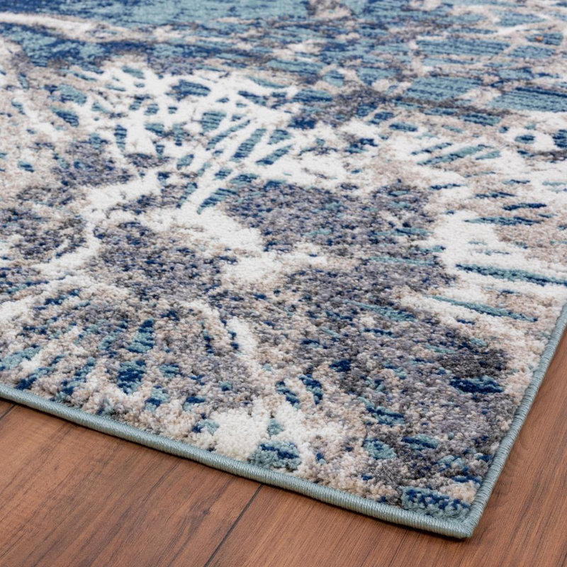 Tapis abstrait bleu / gris Elrosa, Rectangle 7 pi 5 po x 10 pi 4 po