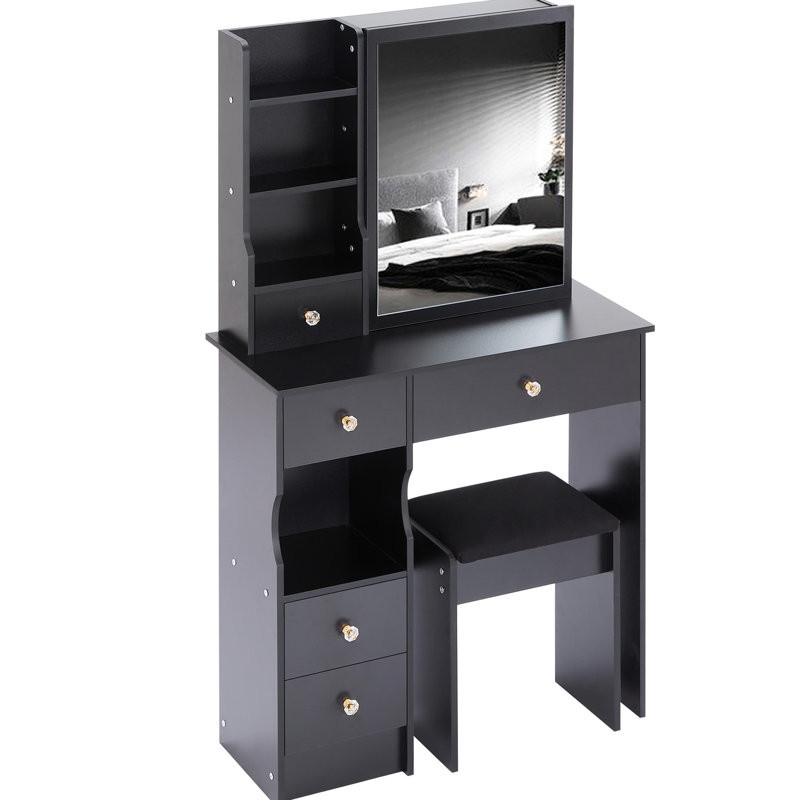 Table de coiffeuse de 29,2 po de profondeur avec tabouret rembourré, grand miroir coulissant à droite, rangement multicouche, design américain noir pour les petites chambres et