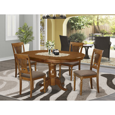 5 Piece Dining Table Set for 4 Includes an Oval Kitchen Table with Butterfly Leaf and 4 Linen Fabric Dining Room Chairs, Saddle Brown