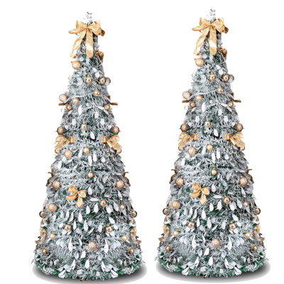 Set of 2 7 FT Snow Flocked Pop‑Up Artificial Christmas Tree, Pre‑Lit 170 Warm White LED Lights with 8 Lighting Modes, Pre‑Decorated Golden Ornaments & Bows, Collapsible Foldable Xmas Tree for Home Office Entryway Holiday Decoration