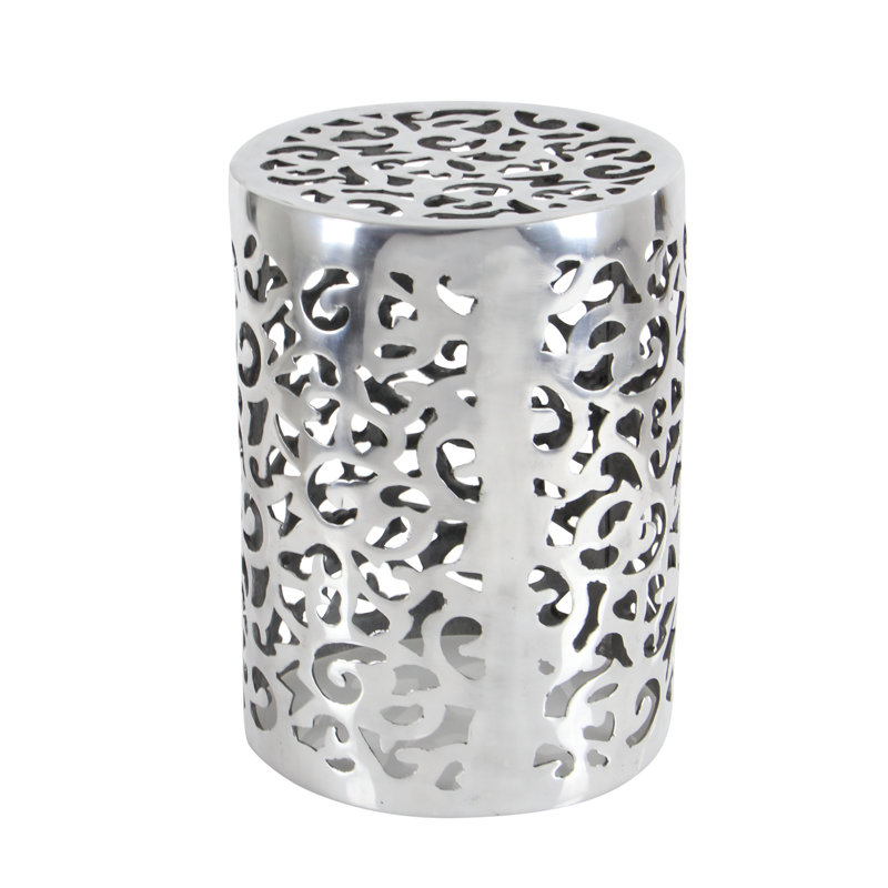 Polished Silver Round Metal Accent Table with Precision Cut Design
