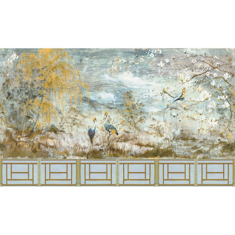 Blossom Chinoiserie Animal Print Metallic Wallpaper, Wheat Blue