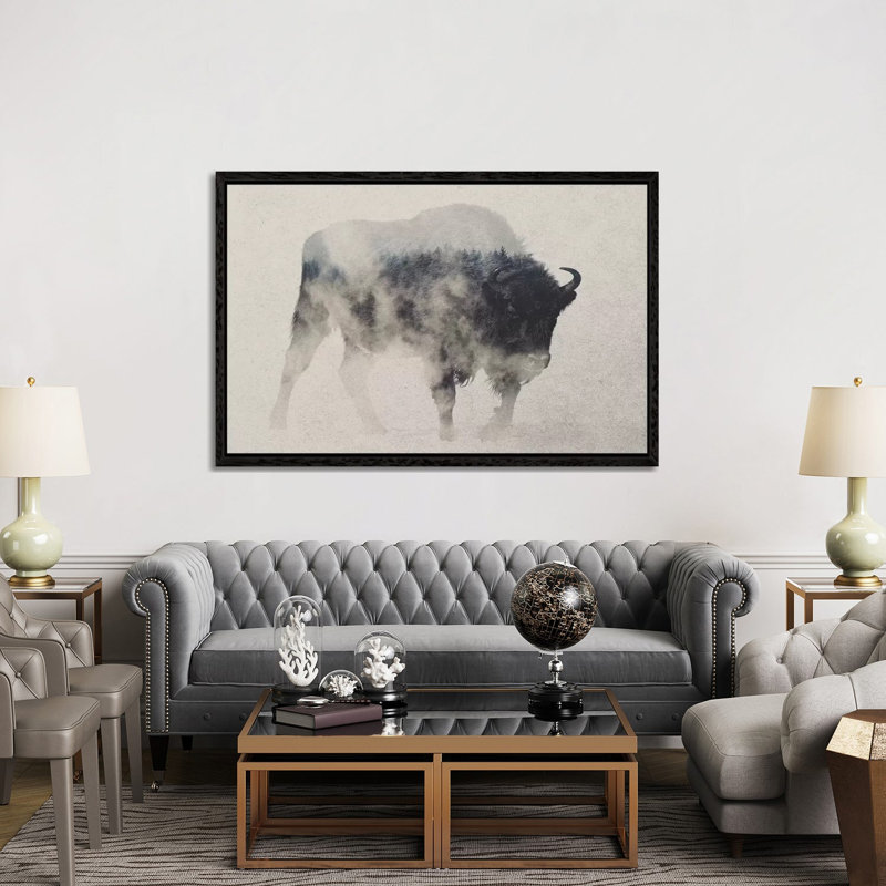 Bison In The Fog by Andreas Lie - Print on Canvas, Black Framed, 152.5 cm H x 101.5 cm W