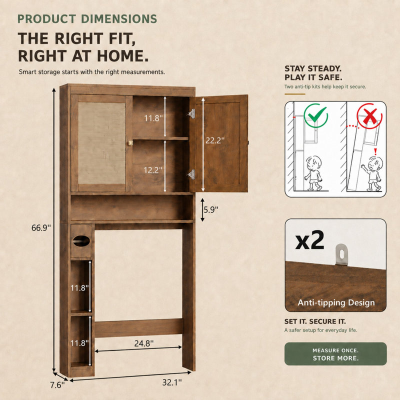 Over-the-Toilet Cabinet with Adjustable Shelves -Light Brown, Light Brown