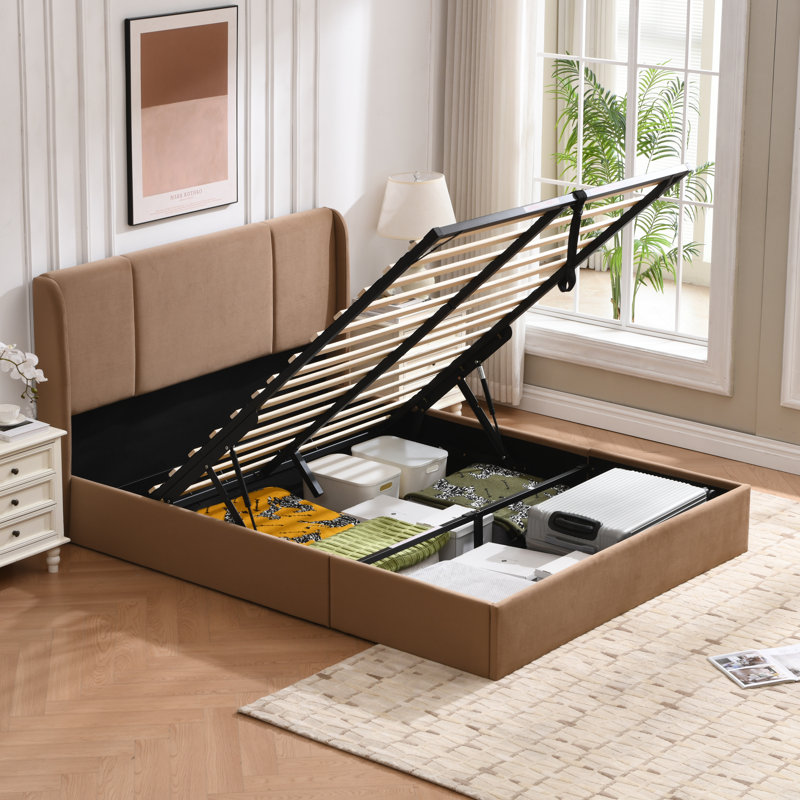 Juanetta Hydraulic Lift Up Storage Wingback Upholstered Platform Bed, Queen, Brown