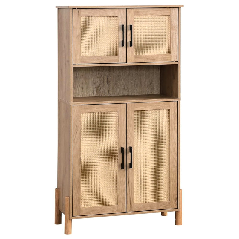 Armoire de rangement Mid-Century moderne à 4 portes avec tablettes tissées et réglables. Convient à une organisation de salon ou de salle à manger. Quatre conceptions efficaces avec tablettes. Organisé
