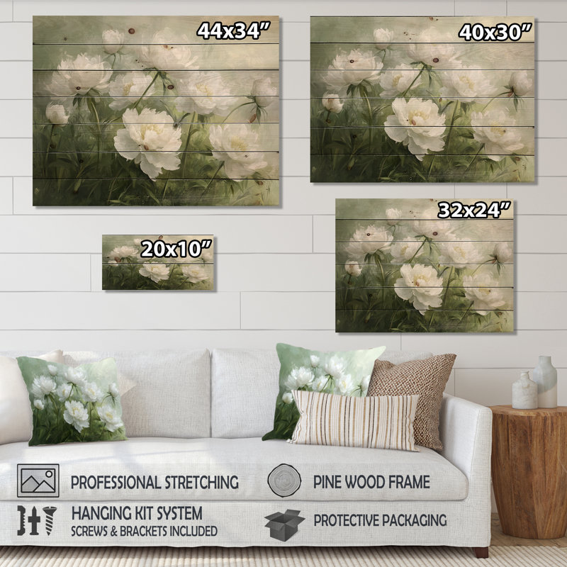 Velvet Petals Of Peony Harmony II - Peonies Wood Wall Art - On Natural Pine Wood, 24" H x 32" W x 0.78" D