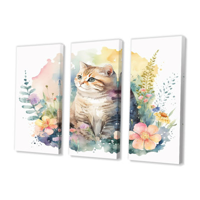 Petit chaton entouré de fleurs colorées I - animaux, art mural sur toile_80574