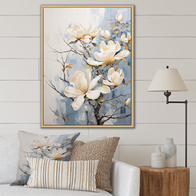 «Blue and White Magnolias Flowers Harmony», reproduction sur toile