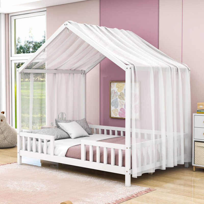 Montessori Wood Platform House Bed With Railings, Full, White