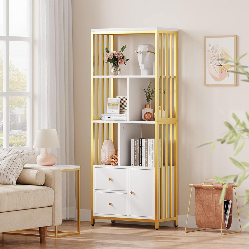 62" Gold Bookcase with 3 Drawers and Door, 4-Tier White-and-Gold Bookshelf with Metal Frame, Floor-Standing Display Storage Cabinet