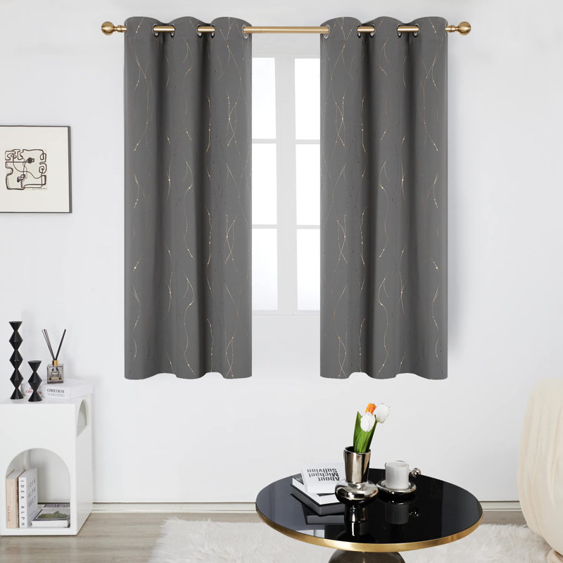 Gold Wave Line and Dots Printed Blackout Grommet Curtains (Set of 2), 42" W x 63" L, Navy Blue