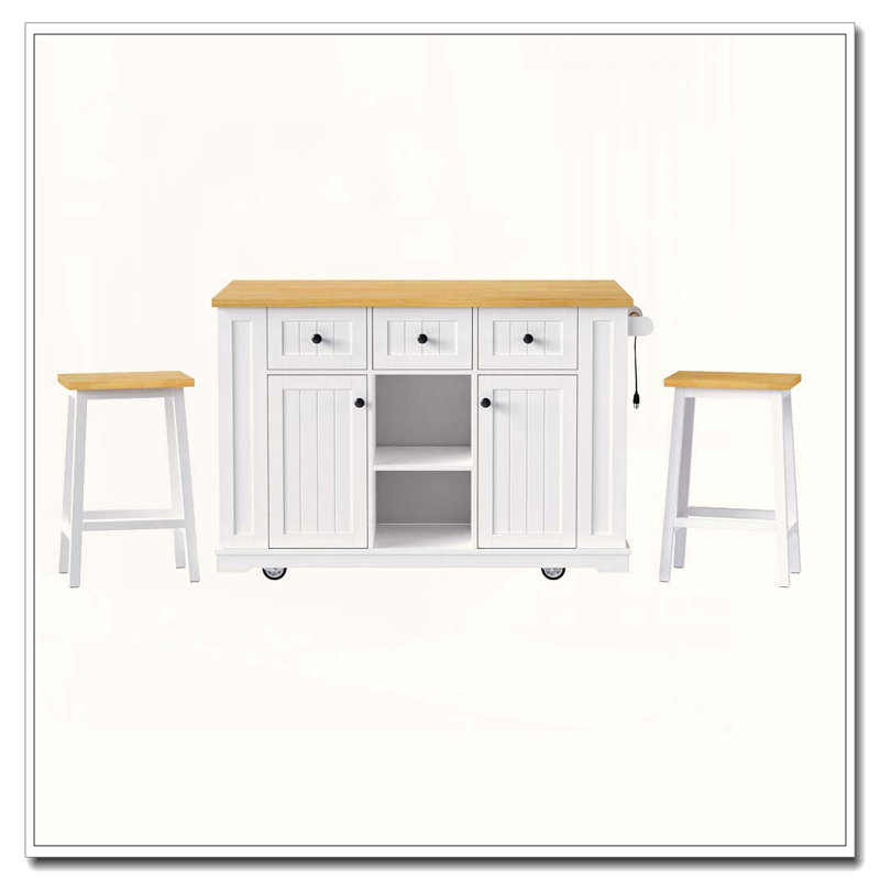 53-inch Kitchen Island Set with 2 Bar Stools, Drop Leaf & Power Outlet (Three Packages), White