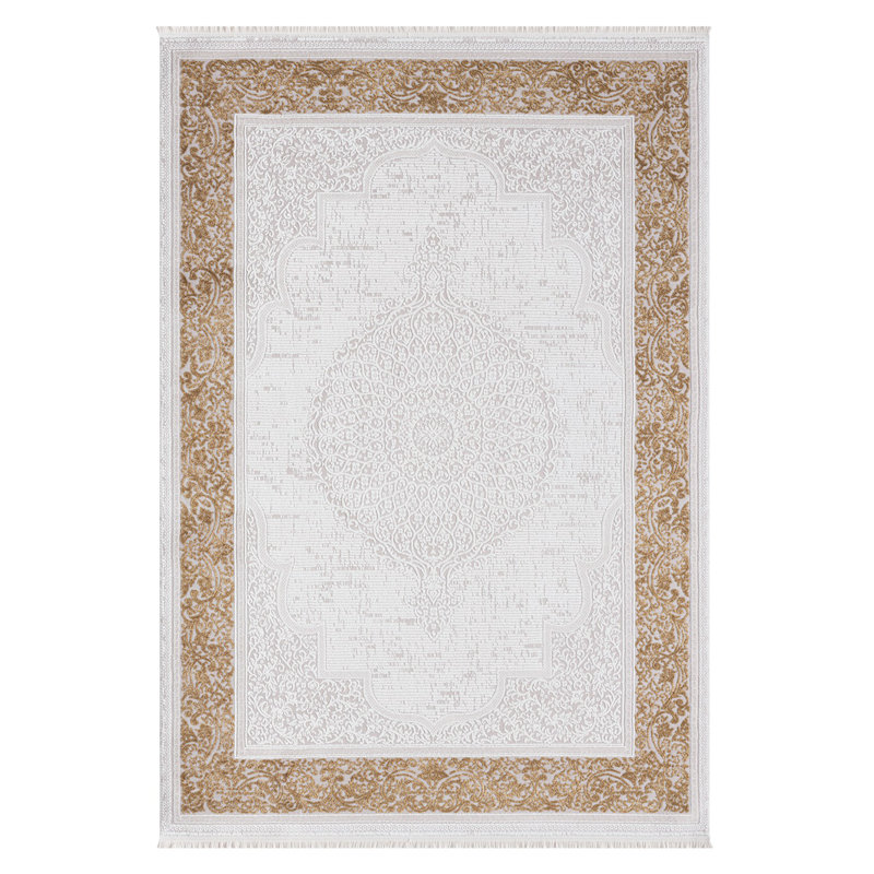 Luxurious Woven Area Rug (5.2 x 7.5 ft), Beige & Gold, 100% Acrylic | 9 mm Pile Height, 2000 g/m² | 576,000 Thread Points | Cotton/Jute Backing | Easy to Vacuum, Spot Clean Only | Elegant Addition to Any Home Decor
