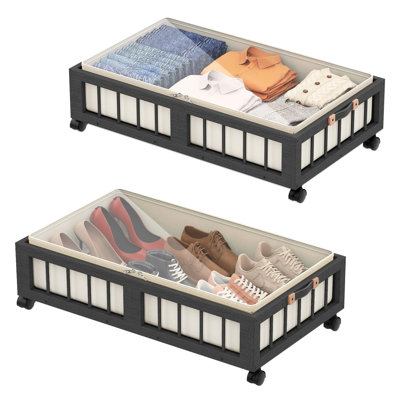 2-Pack Bamboo Under Bed Storage Containers With Wheels, Under Bed Clothes Storage Basket With Large Dust Bag, Rolling Underbed Storage, Black
